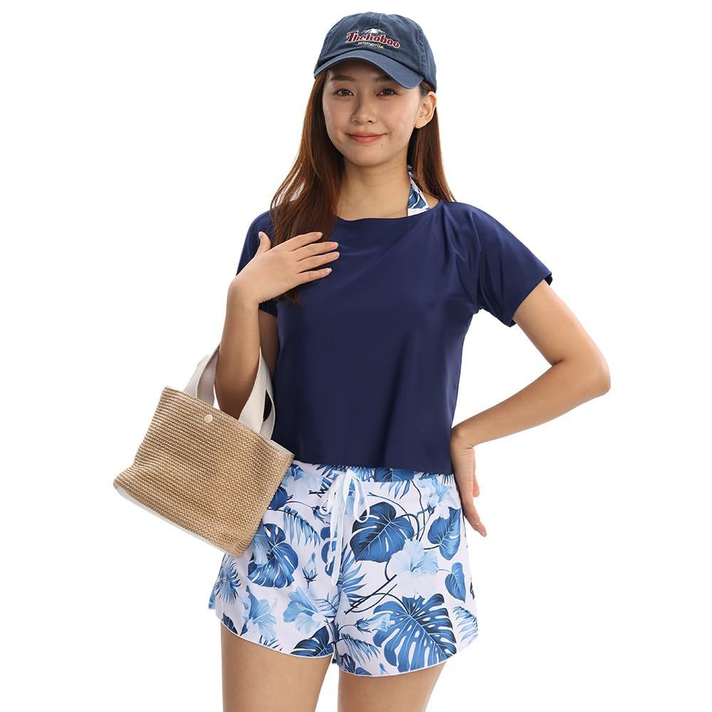 [Wotivon] 水着 レディース タンキニ 4点セット 体形カバー タンクトップ ショートパンツ Tシャツ 女性 水着セット