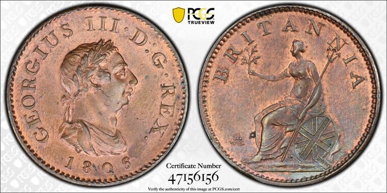 Great Britain copper 1|4 farthing 1806 Peck 1398 GEM uncirculated PCGS MS64 RB