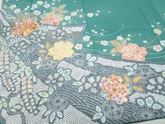 平和屋着物○十日町友禅作家 松雨 訪問着 駒刺繍 草花文 金彩 正絹