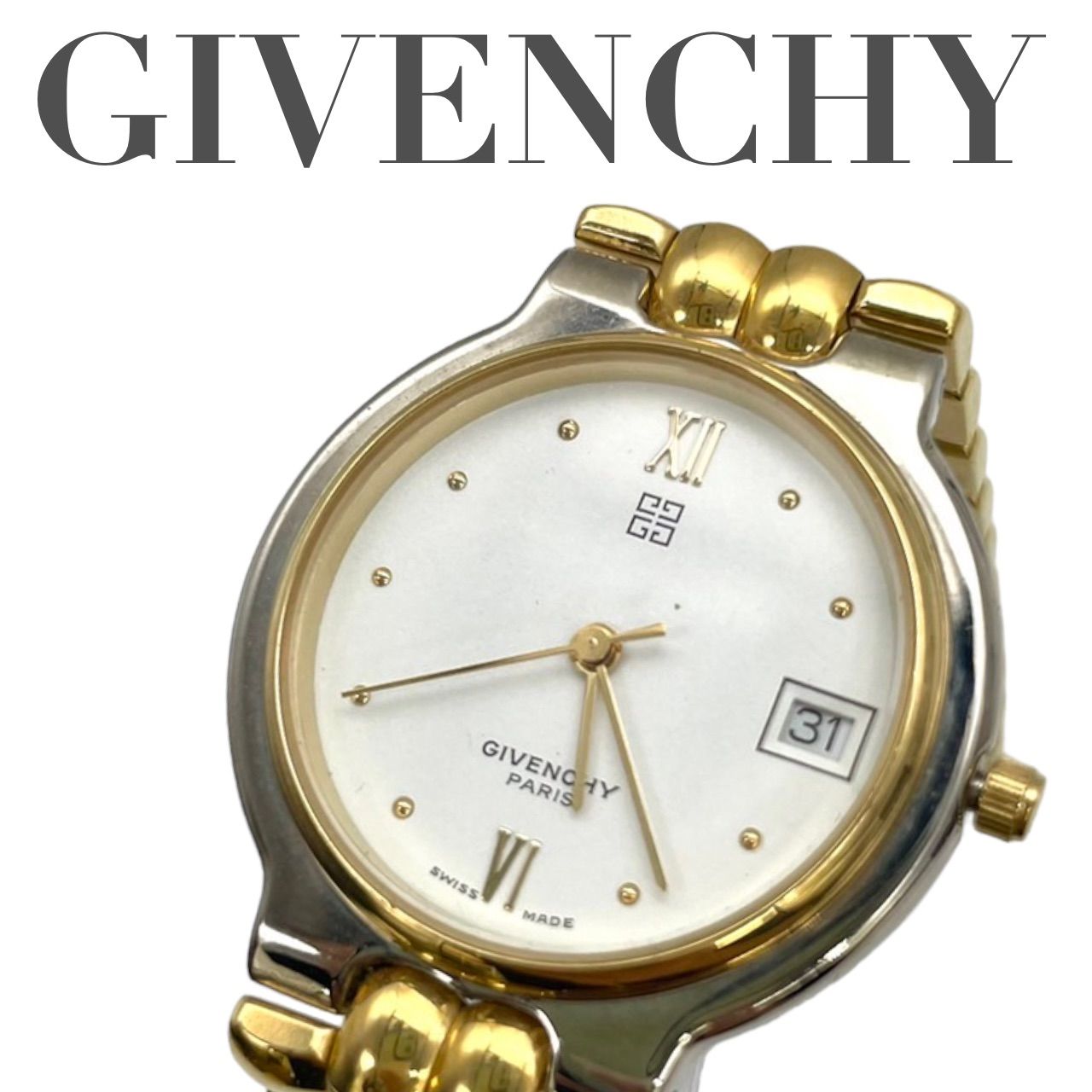美品　ジバンシー　GIVENCHY レディース　腕時計　クオーツ　クォーツ　電池式　アナログ　ゴールド色　シルバー色　デイト　日付カレンダー