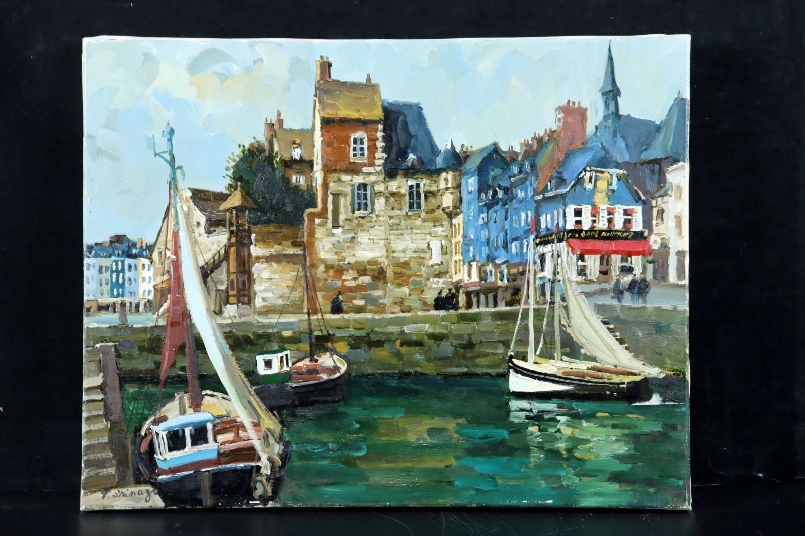 ▽ 嶋津俊則 「入江の館ーノルマンディー地方」 肉筆油彩6号 風景画 港