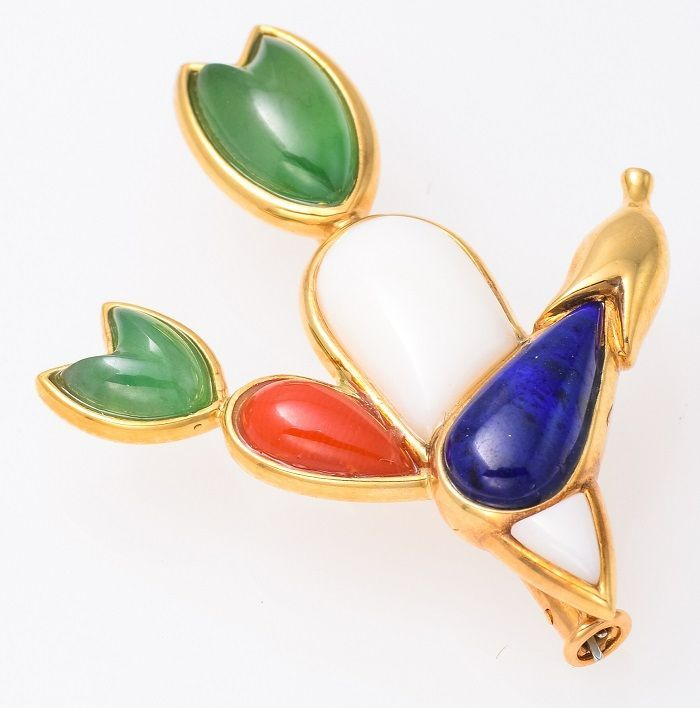 K18 翡翠 珊瑚 ラピスラズリ ブローチ 野菜モチーフ 品番b21-421