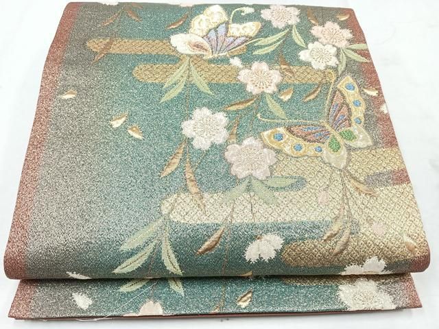 なかや６枚 平和屋着物○六通柄袋帯 横段花文 銀通し地 正絹