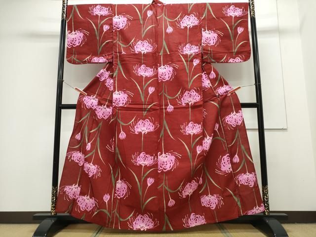 平和屋着物∴夏物 浴衣 綿紅梅 彼岸花 綿 CAAY4634ng