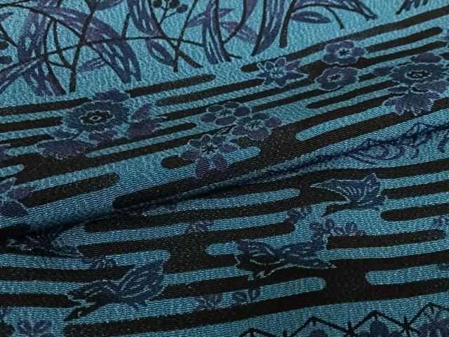 平和屋着物○上質な小紋 本藍 型絵染 横段花鳥文 鬼しぼ縮緬