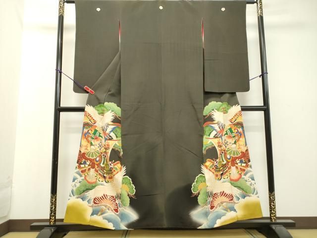 平和屋着物●アンティーク　大正ロマン　黒留袖　散歩着　駒刺繍　立波飛鶴松文　金彩　正絹　逸品　DAAT1422tw 平和屋着物○アンティーク 大正ロマン 黒留袖 散歩着 駒刺繍 立波飛