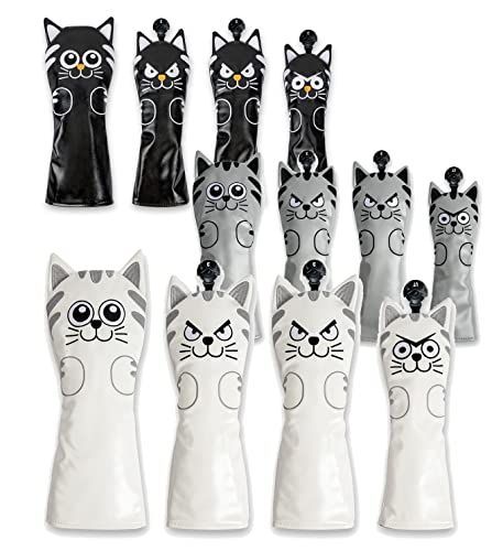 白 ゴルフヘッドカバー ドライバー用カバー 1点 /ウッド FW用カバー2点 ユーティリテ ィ UT用カバー 1点 変換ダグ付き 4点セット ネコ 猫 白 黒 グレー (白)