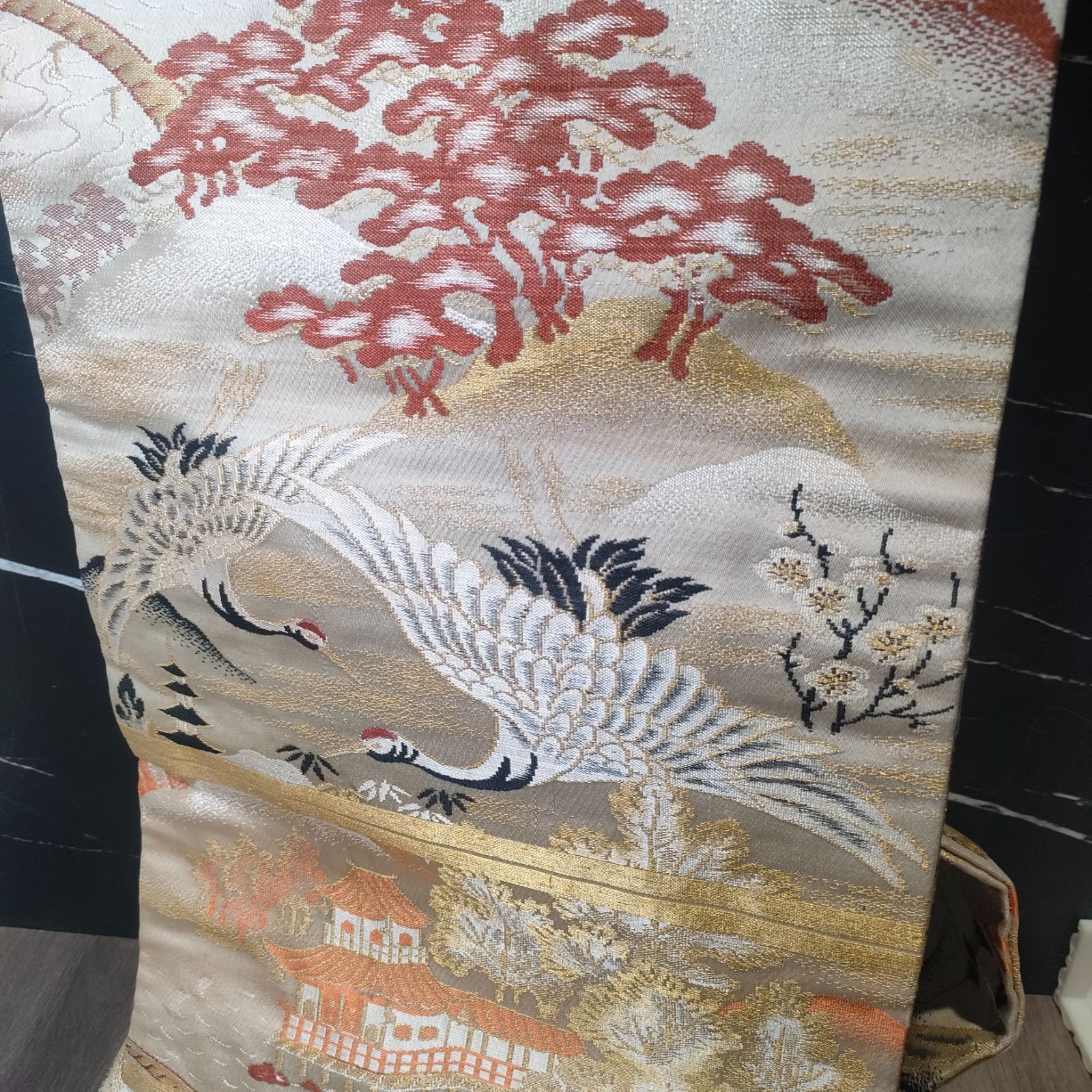 15【レア・骨董】両面 着物 帯 鶴 松 丸帯 アンティーク リバーシブル 