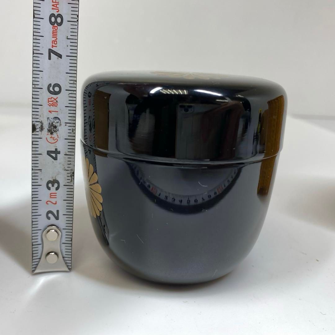 金色 花模様 茶道具用棗 共箱付き 黒い木製棗 金色の花模様