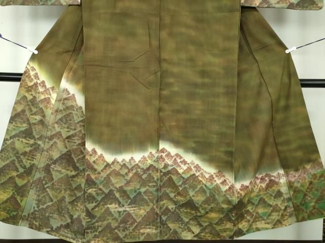 平和屋着物○男性 訪問着 紬地 手描き 遠山樹林文 正絹 逸品  