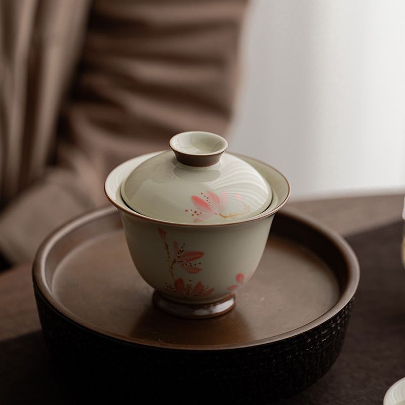 激安出品★茶碗作家物★アンティーク❗箱・付属品なし❗ 茶碗 陶器製 手描き 玉蘭花 釉下彩 小型 二才蓋碗 レディース用