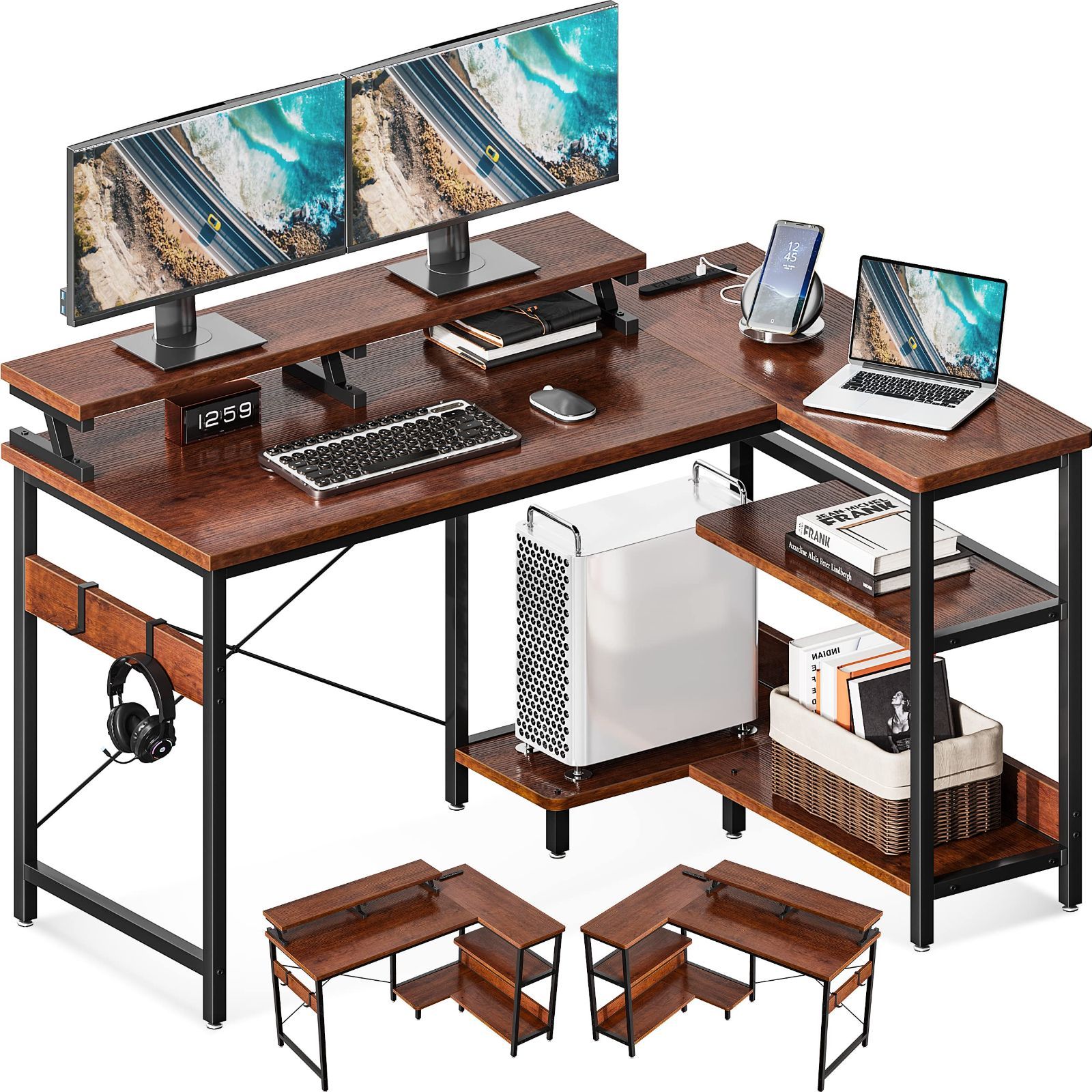 ODK パソコンデスク L字型 ゲーミングデスク 机 幅120cm コンセント付き コーナー PCデスク ラック付き 収納 オフィス 省スペース 書斎 在宅勤務 組立簡単 ブラウン