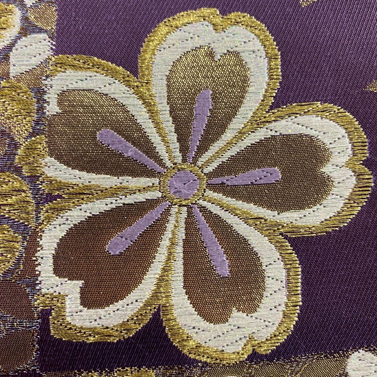 袋帯 秀品 市松麻の葉桜文 紫 六通 正絹