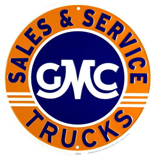 メタルサイン GMC TRUCKS SALES AND SERVICE 看板 直径30cm オレンジ×ネイビー 丸型