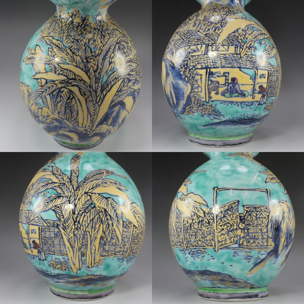 緑地金彩山水図瓢花瓶 陶磁器