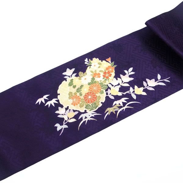 新品】 名古屋帯 九寸 十日町 染色工房 型友禅 濃黒紫色 金駒刺繍 金彩 