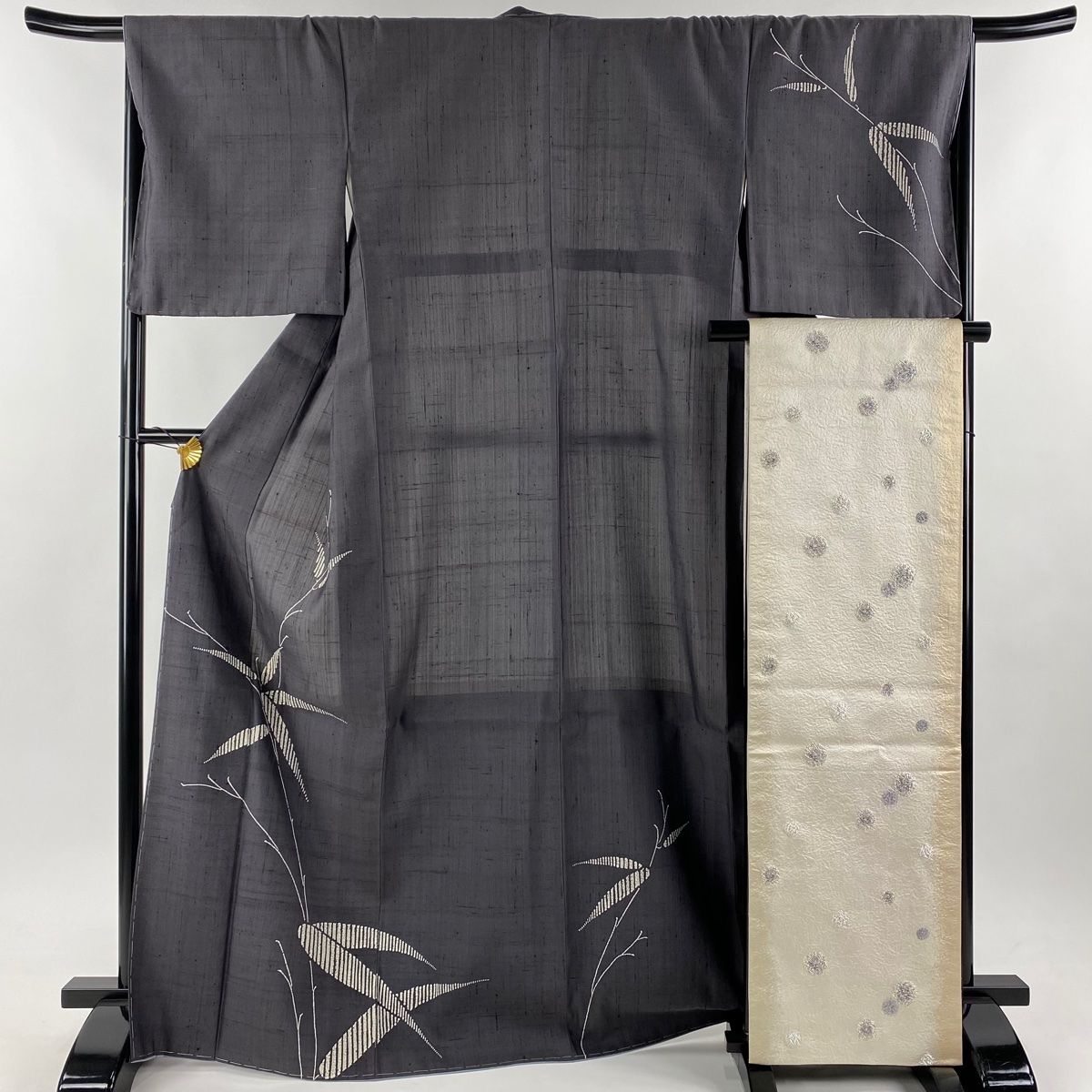 付下げ 身丈169cm 裄丈67.5cm L 袷 袋帯セット 紬地 葉柄 縞 灰紫 正絹  