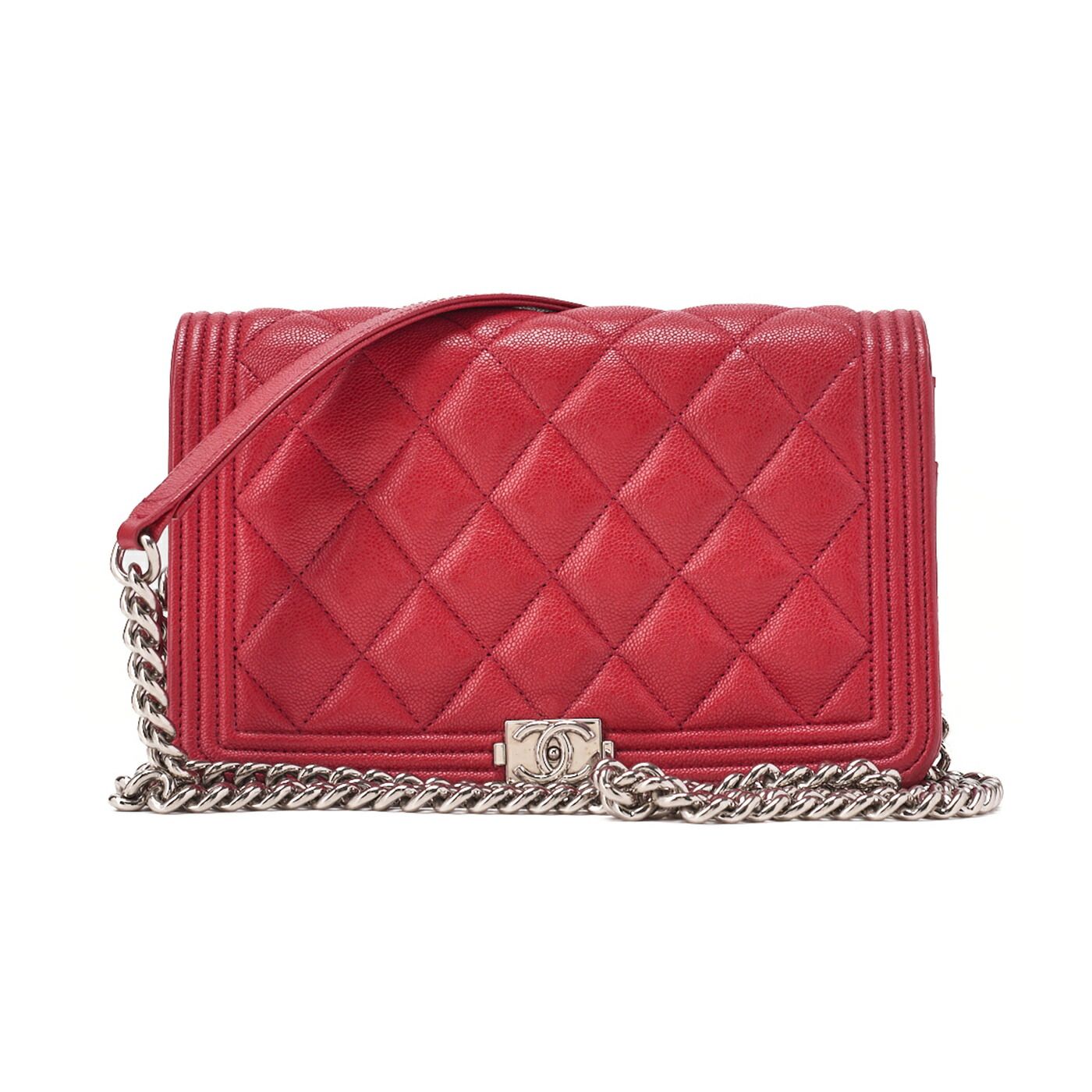 CHANEL シャネル ボーイシャネル マトラッセ チェーンウォレット キャビアスキン 赤 シルバー金具 レディースウォレット 折財布 レディース財布