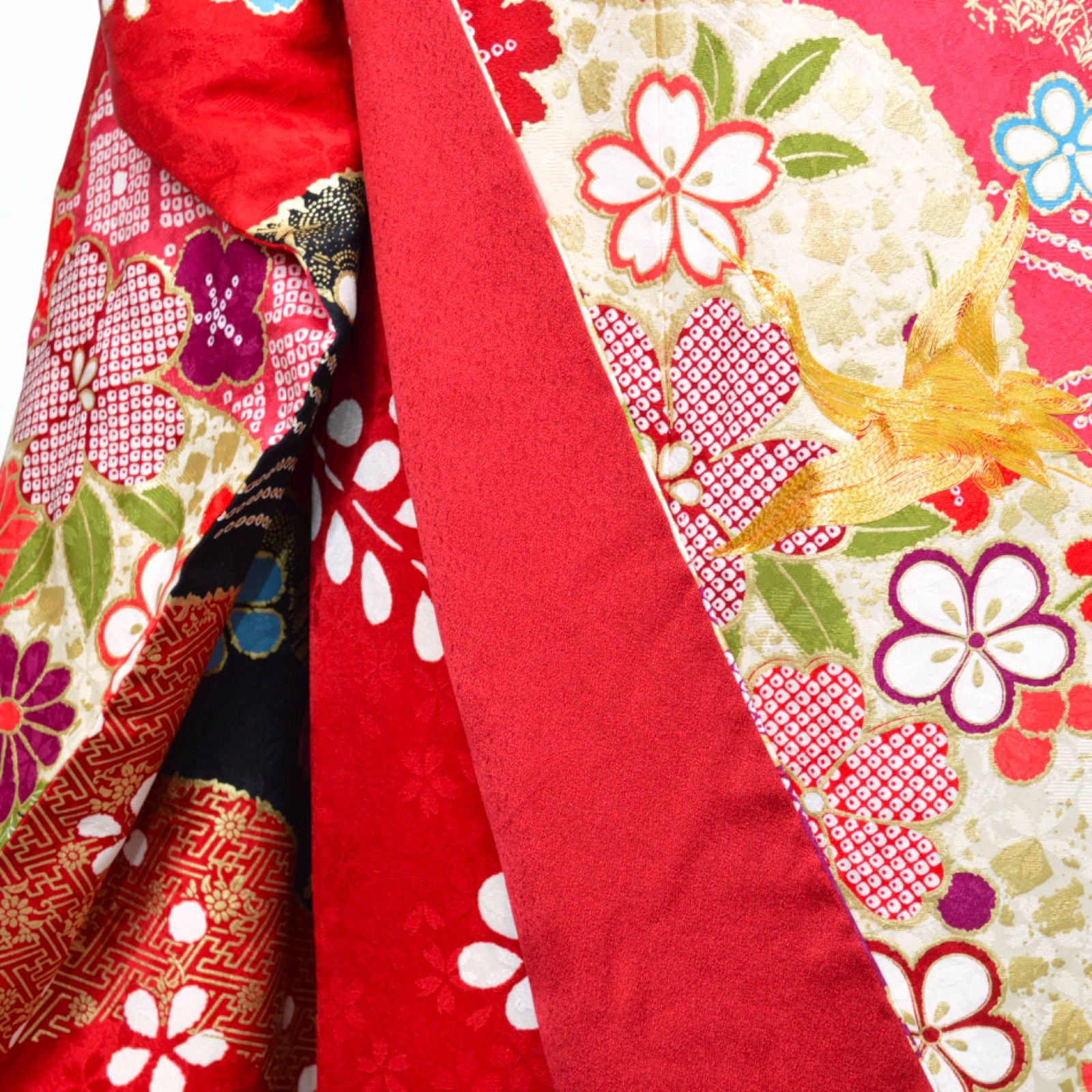 美品》正絹 振袖フルセット S〜Lサイズ 成人式 金駒刺繍 鶴 赤地