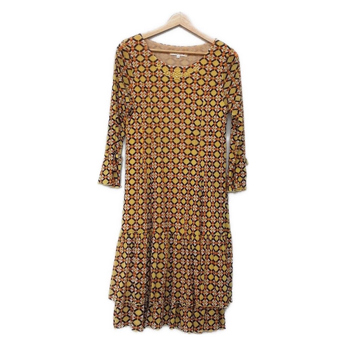 スーパービューティー ワンピース サイズ44 L レディース - イエロー×オレンジ×マルチ クルーネック 長袖 ひざ丈 ビーズ