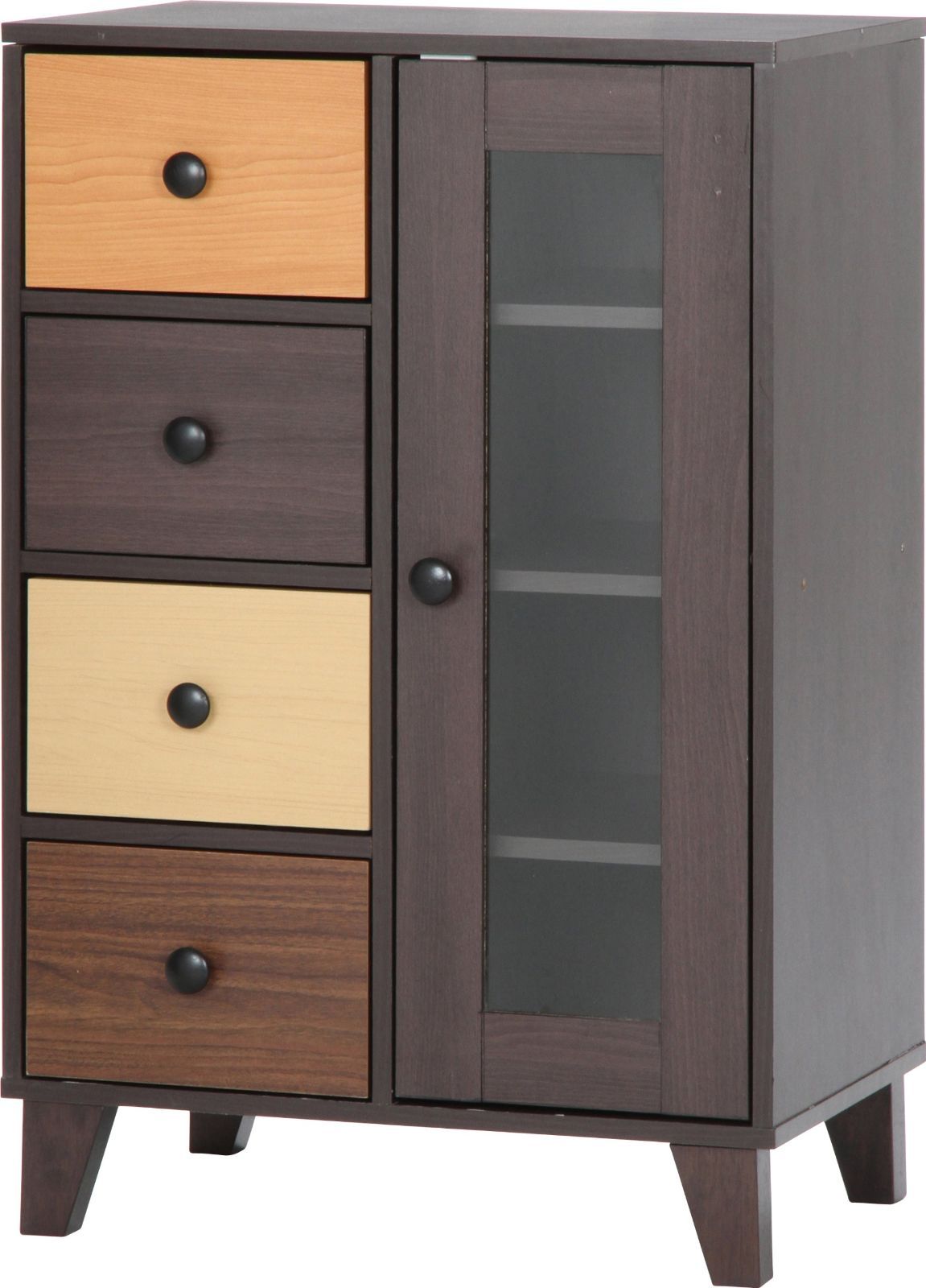 【人気商品】不二貿易 キャビネット リビング収納 4段 幅59×奥行39×高さ89cm グラデーション 木目調 スリム 引出収納 ガラス扉 脚付き 96300