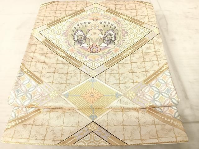 洒落袋帯 全通 鮮やか 細かな絣柄 正絹 AO-2684 平和屋着物◎六通柄袋帯 唐織 清少錦 孔雀更紗花文 金糸 正絹
