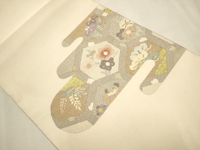 平和屋着物○爪掻き本綴れ 八寸名古屋帯 エ霞草花文 金銀糸 正絹 逸品