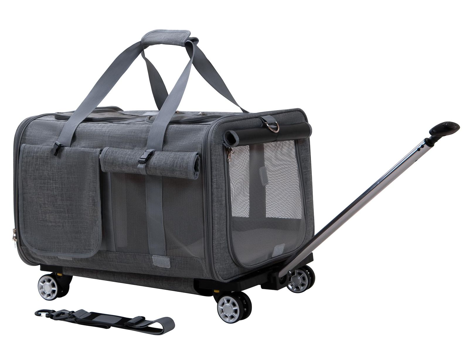 折りたたみ可 ソフトクレート３way ショルダー 小型犬 キャリーバッグ 散歩 ペット 2室 通院 キャスター付き キャリー 防風型 2匹用 猫 グレー CHINSUKIDA