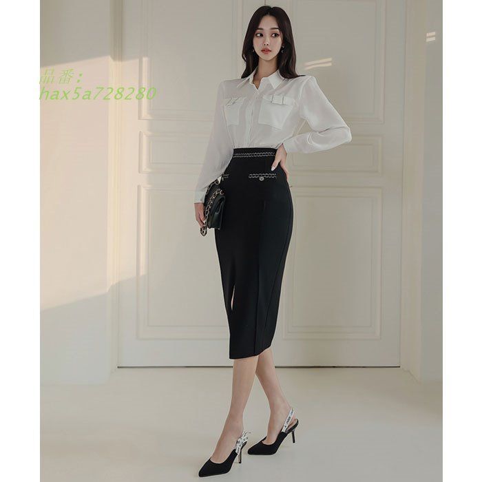 襟付き長袖ブラウス ミディ丈スリットタイトワンピース 白×黒 韓国 レディース ファッション hax5a728280
