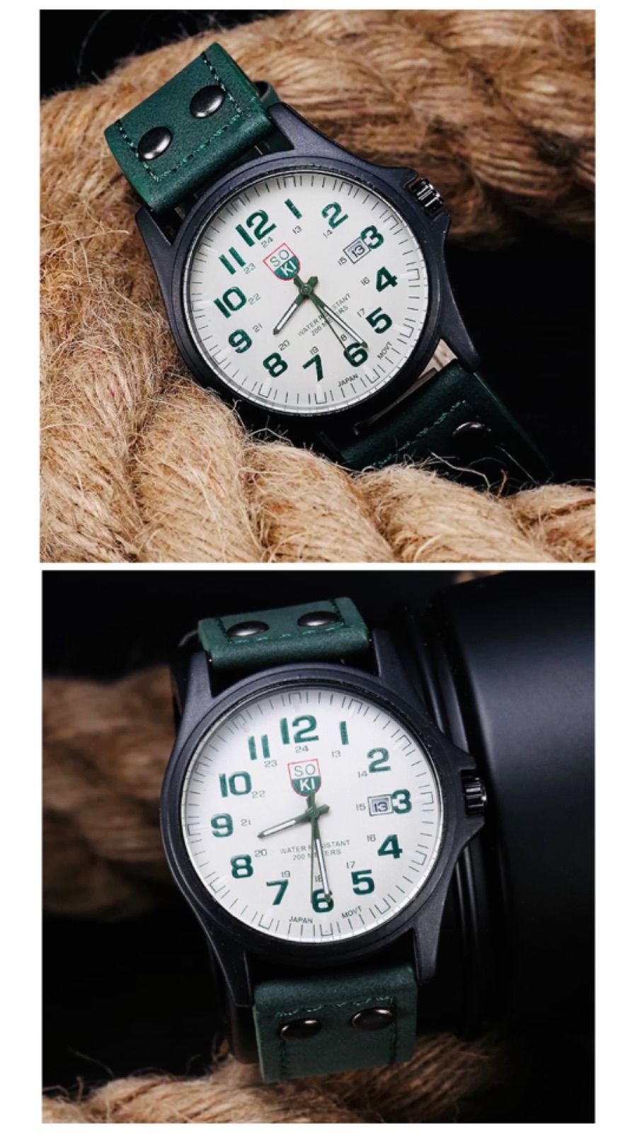 腕時計 時計　ツートン アナログ メンズ クォーツ レザーベルト　レザー カレンダー　ファッション時計 男女兼用　グリーン