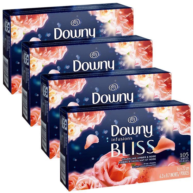 Downy ダウニー シート柔軟剤 インフュージョン スパークリングアンバー＆ローズ BLISS 105枚 4個セット 乾燥機用柔軟シート 日用品 アメリカ雑貨 アメリカン雑貨