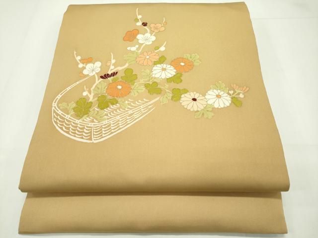 平和屋本店□極上 銀座 志ま亀 塩瀬 九寸名古屋帯 花籠文 金彩 狐色地