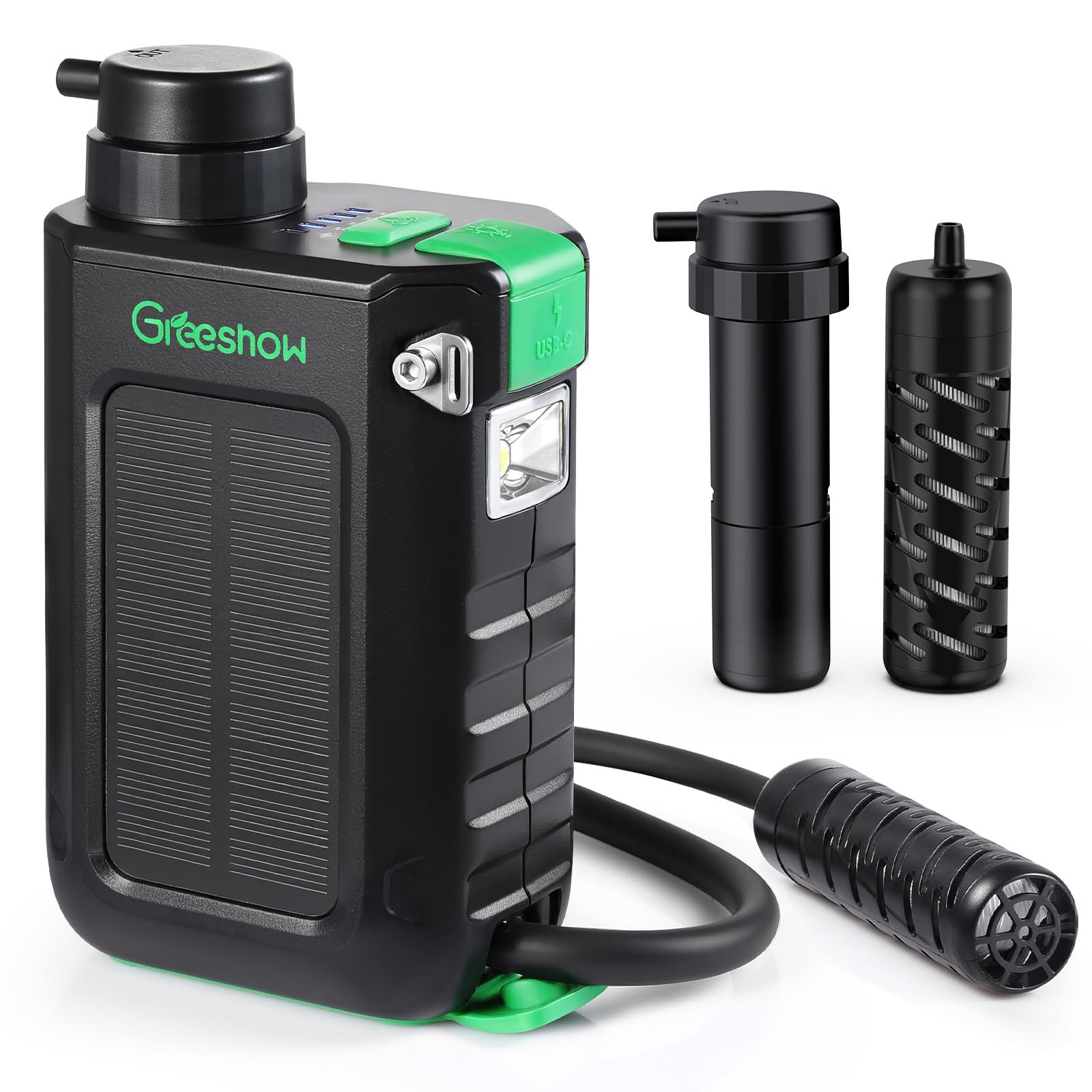Greeshow GS-2811 電動浄水器 アウトドア 日本正規品手回し ソーラー充電機能 災害 濾過器 飲み水 防災用 LEDライト SOSモード スマホ充電機能 登山|地震|災害用 軽量 PSE技術適合 GS-2811 携帯浄水器 フィルター2個セット
