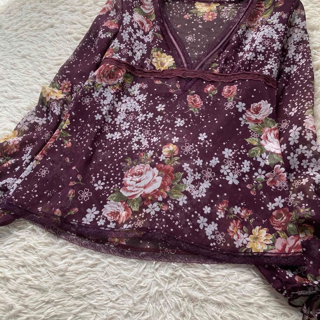 INGEBORG インゲボルグ シフォンブラウス 花柄 フラワープリント 桜 Vネック レース 長袖 日本製 Sサイズ パープル