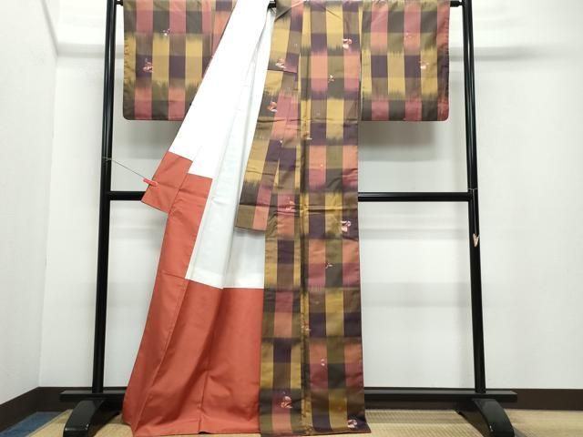 平和屋着物○上質な紬 市松花文 正絹 逸品 CAAW3715vf 平和屋着物