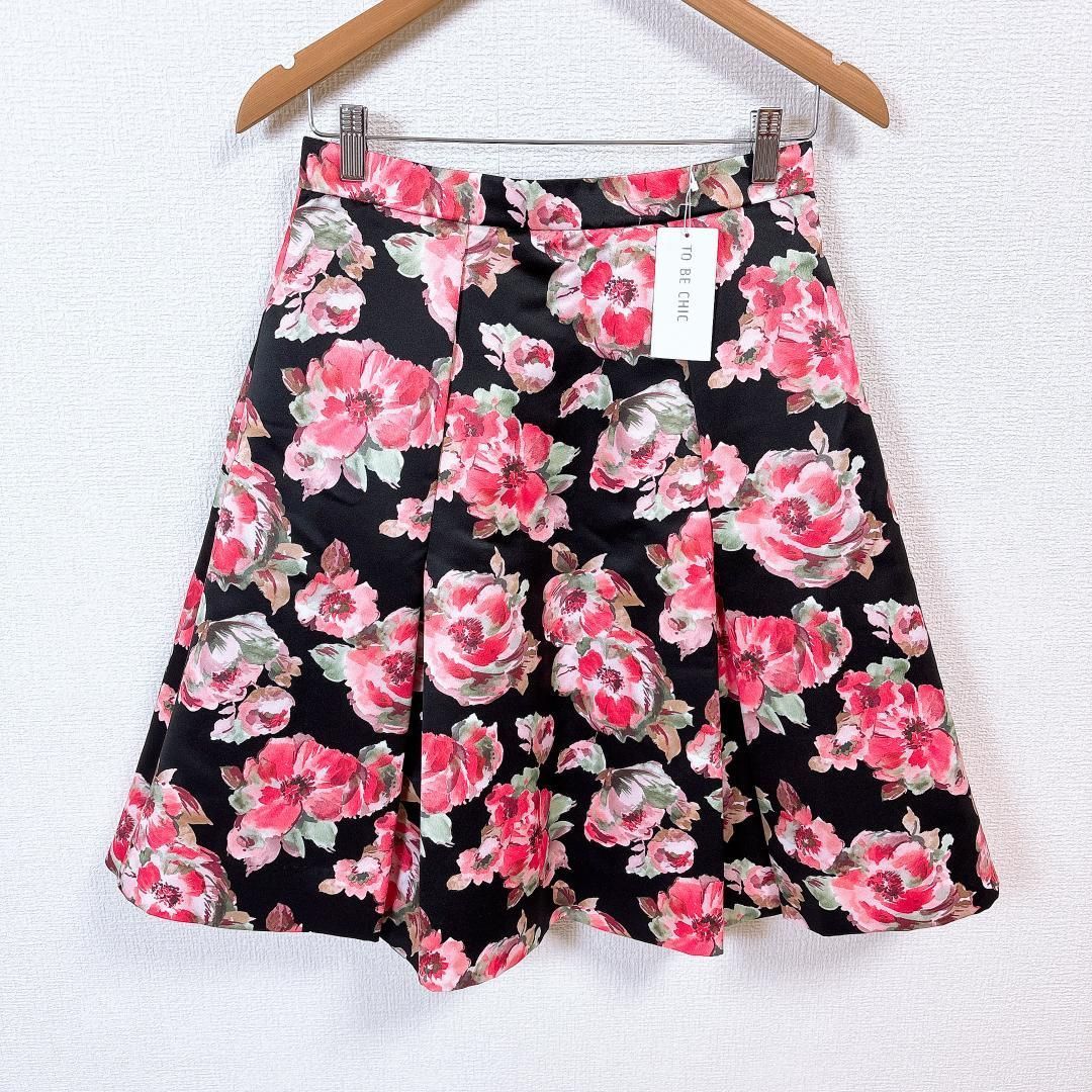 TO BE CHIC 台形スカート 花柄 黒×ピンク