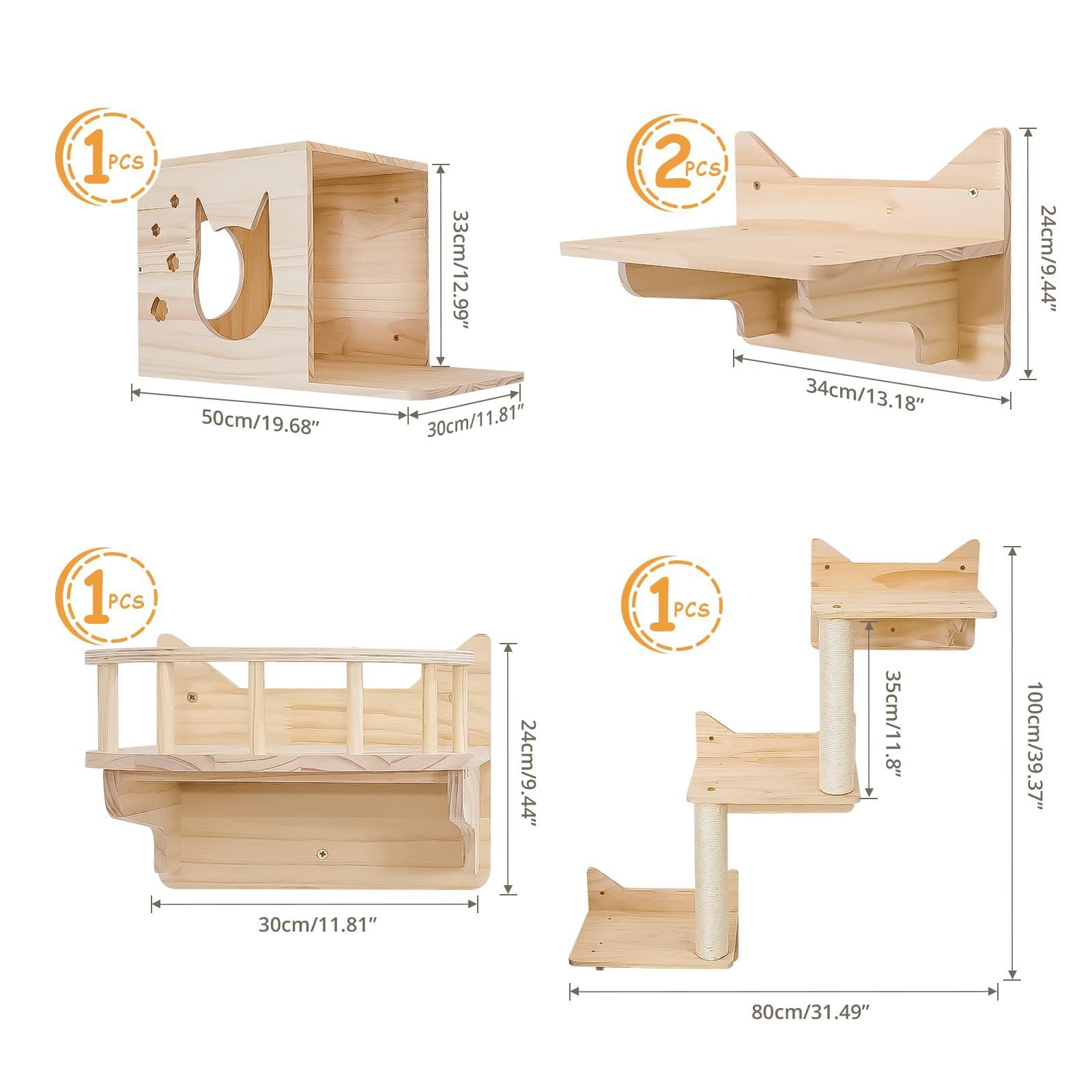 壁フレーム クライミングフレーム 5点セット 猫 猫の壁家具 猫の棚と止まり木 壁 松 キャットハウス サイザル麻の柱 はしご MIUZMORE 猫の階段 猫の旅行プラットフォーム