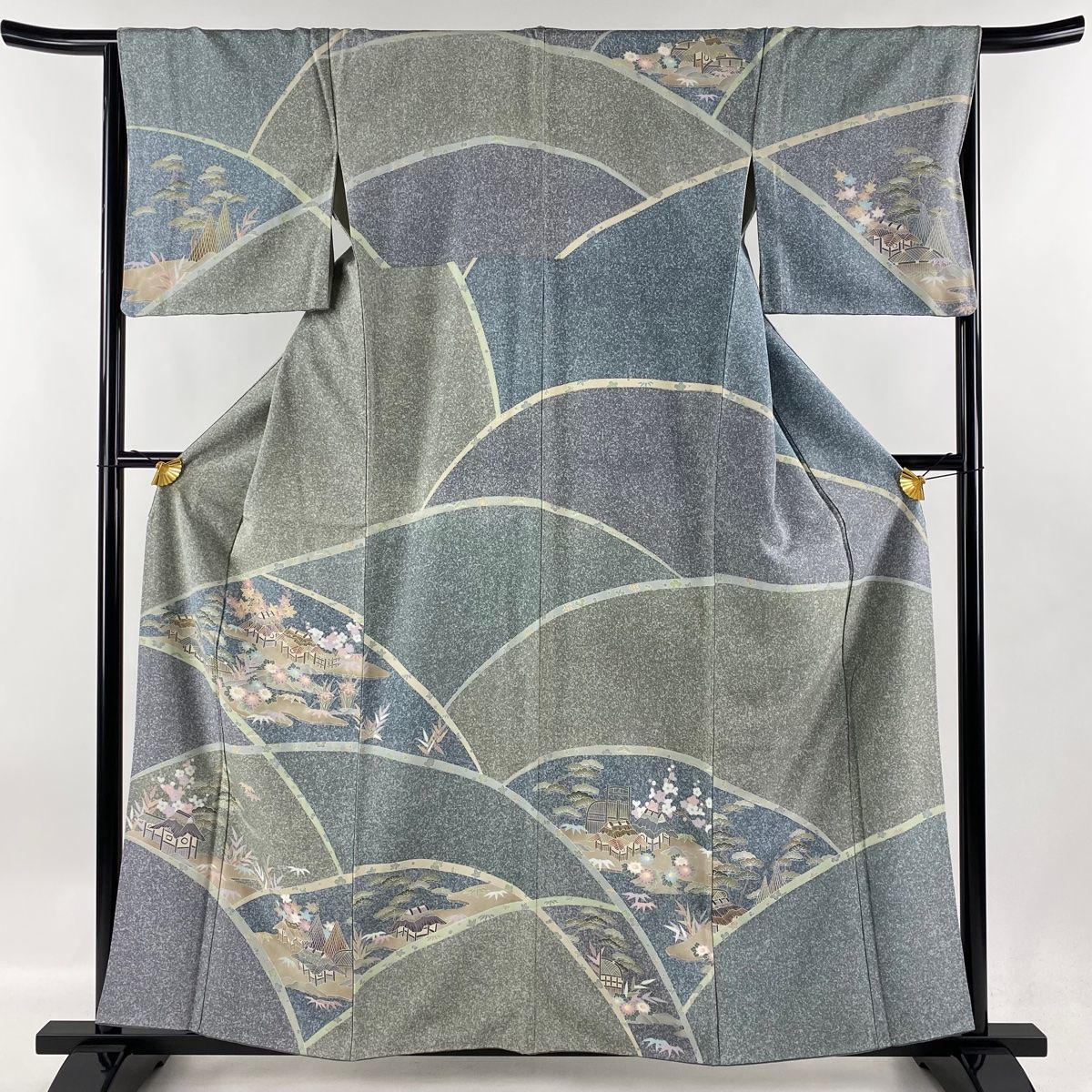 訪問着 身丈159cm 裄丈66cm M 袷 家屋 松竹梅 灰緑 正絹 名品