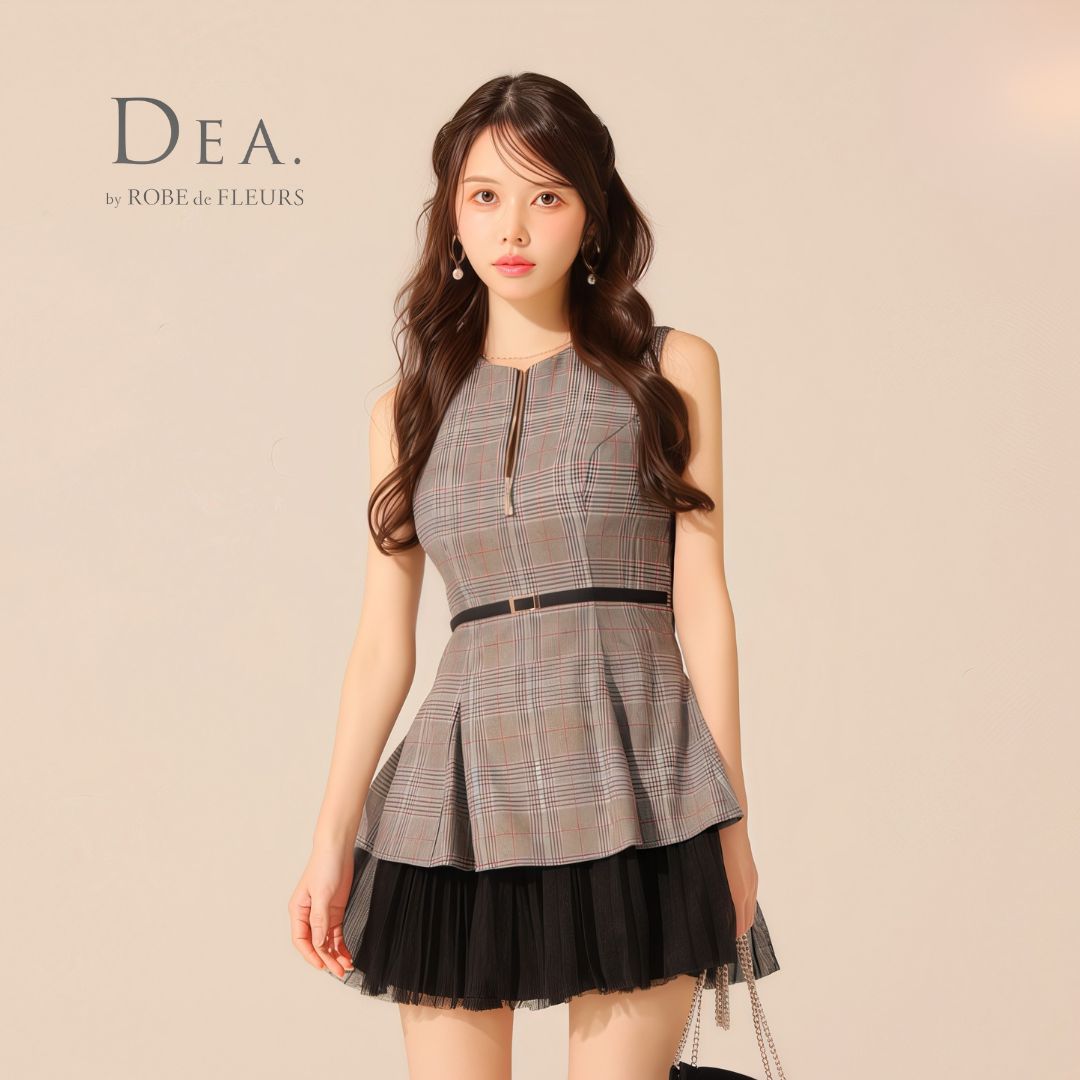DEA. by ROBE de FLEURS ディアバイローブドフルール ミニドレス DE3477 チェックノースリーブベルトデザインチュールミニキャバドレス Gray