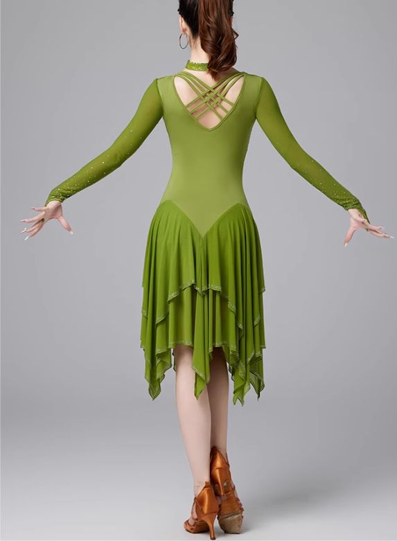 B1532☆黒/水色×黄色ストーン/スリット/ラテンドレス☆社交ダンス