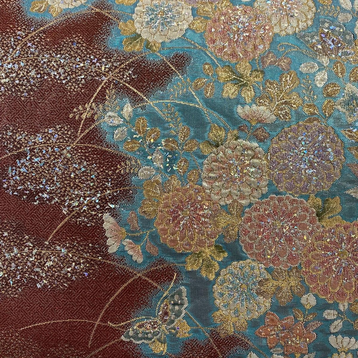 袋帯 秀品 秋草 蝶 箔 金糸 水色 六通 正絹