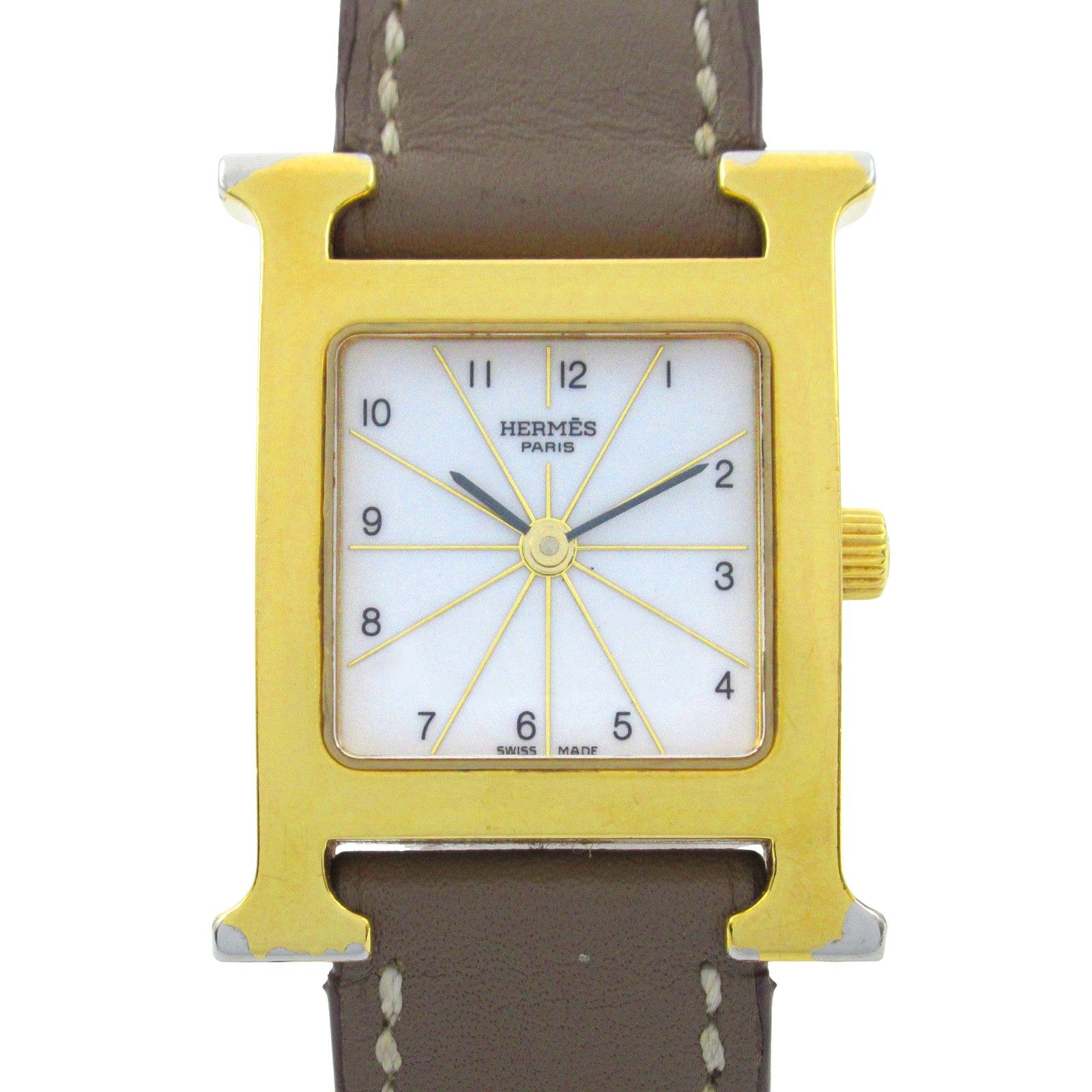 エルメス HERMES 腕時計 Hウォッチ HH1.201 ホワイト GP ゴールドメッキ レザーベルト Hウォッチ レディース Used A