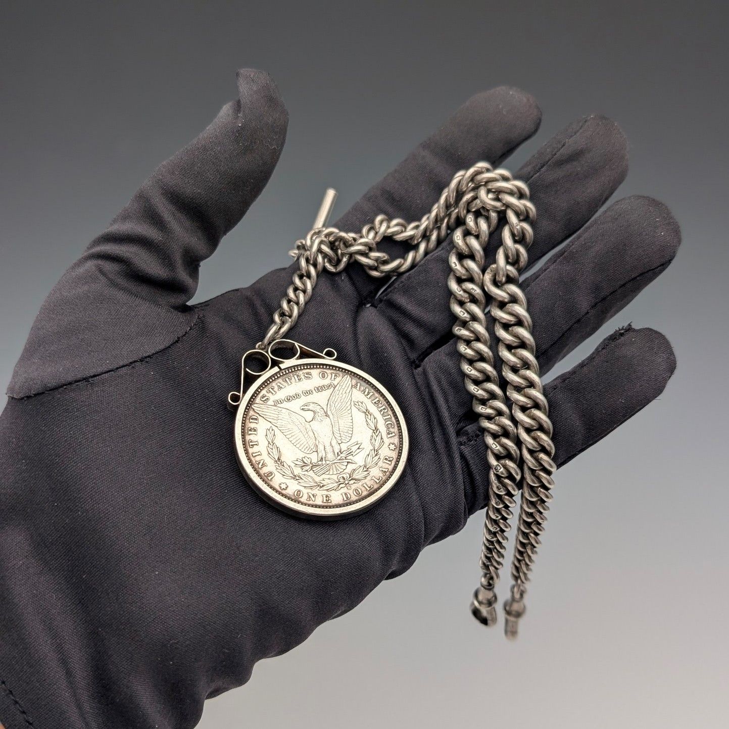 1921年 英国アンティーク 純銀製 極太ダブルアルバートチェーン 95g モルガンダラー銀貨フォブ HENRY POPE 1921年 英国アンティーク 純銀製 極太ダブルアルバートチェーン