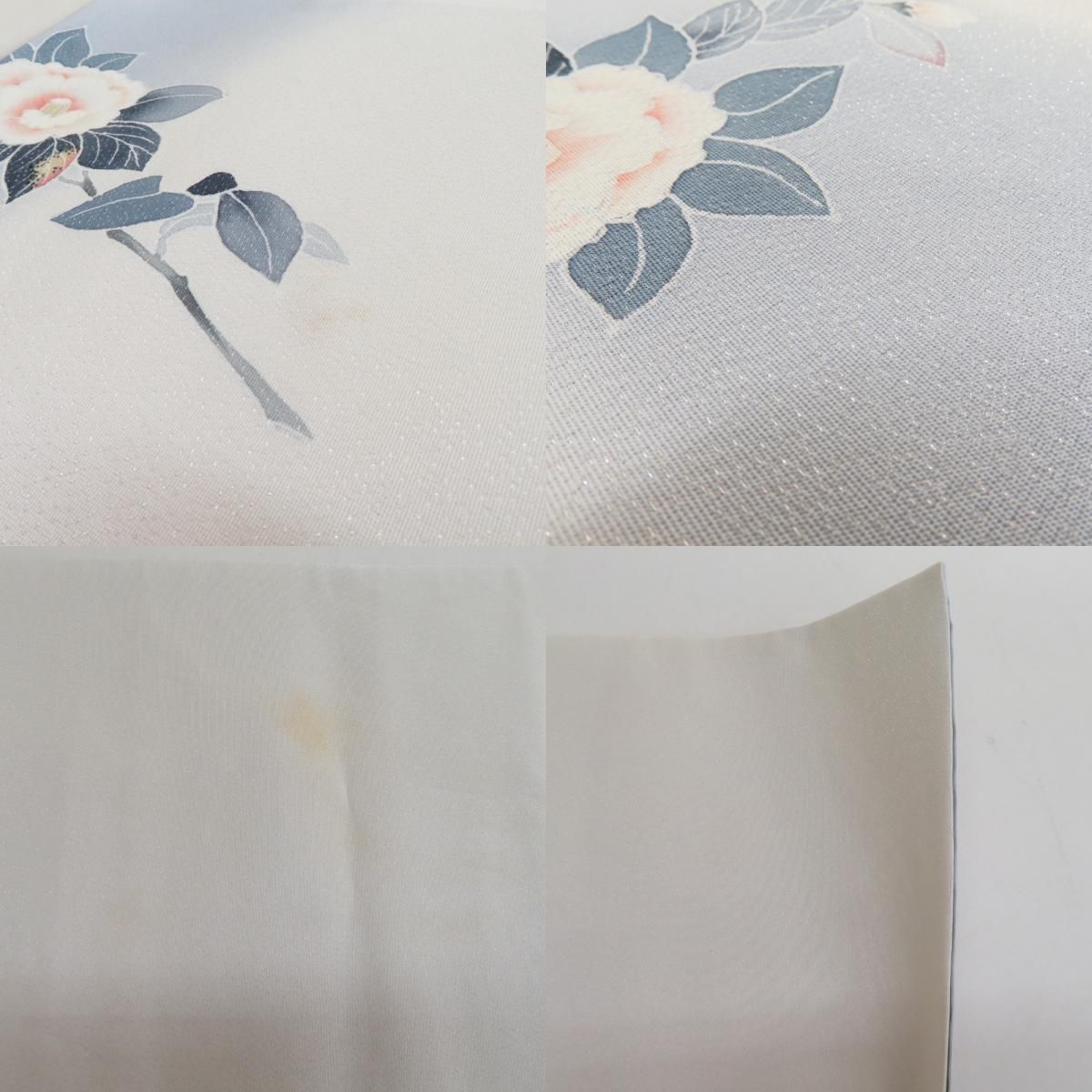 袋帯 洒落袋帯 染帯 友禅調 花鳥文様 ラメ入り お太鼓柄 正絹 薄灰色x 