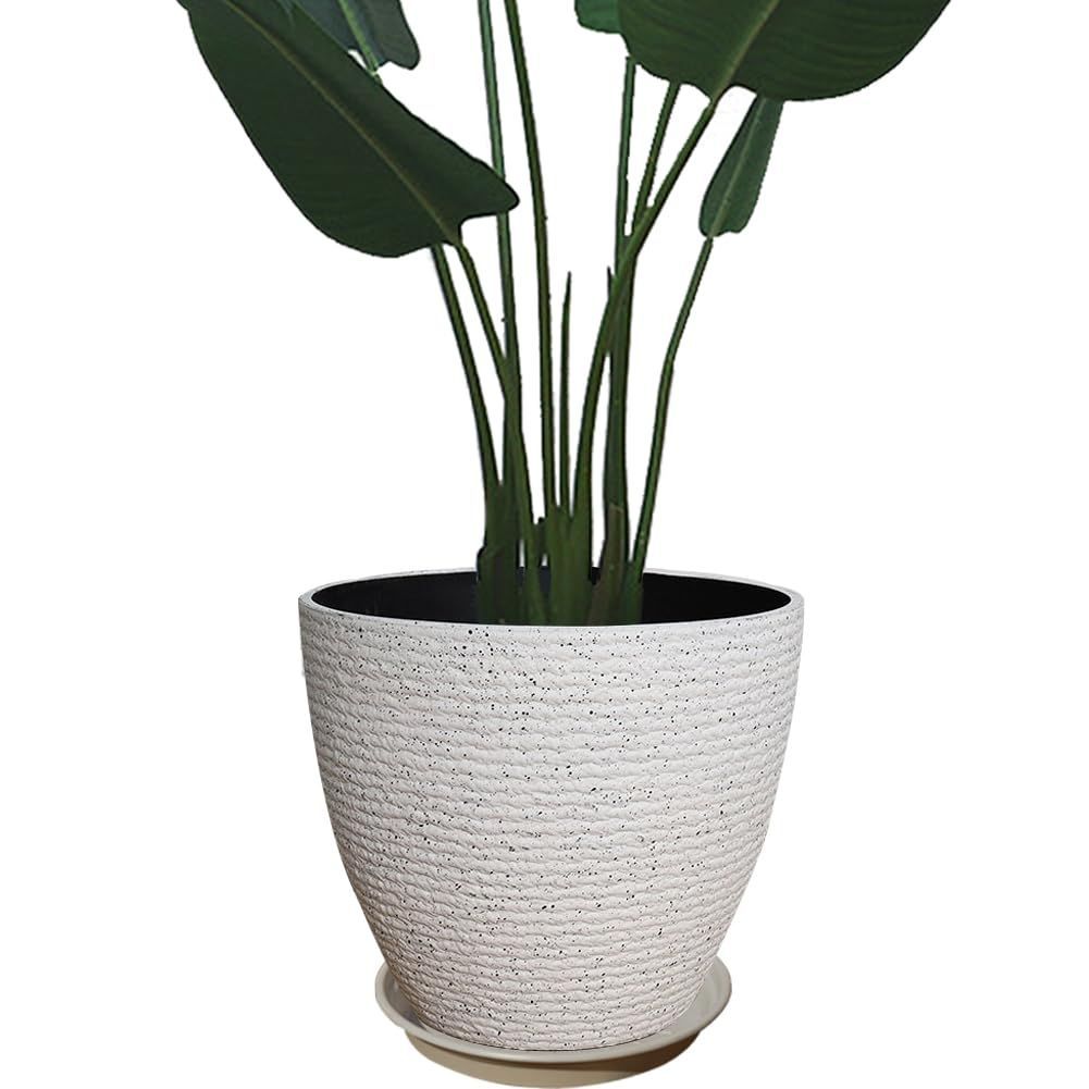 プランター 大型 おしゃれ 受け皿付き Glynislife 植木鉢 深型 軽量 プラスチック 屋内 屋外用 プランター 深型 高さ32cm 排水穴付き 観葉植物 鉢 植木鉢 35 丸型-ホワイト