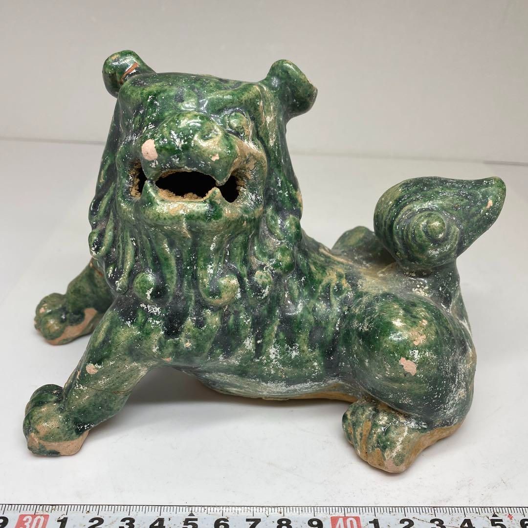 緑紬 古代 獅子 置物 幅18㎝ 東な6-1109