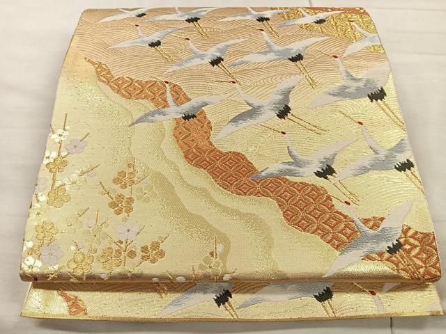 平和屋着物 六通柄袋帯 群鶴流水草花文 金糸 正絹 逸品 AAAM7861fw(