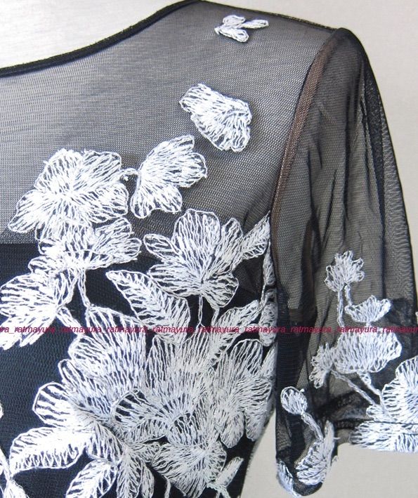 TADASHI SHOJI花刺繍ジャージーフレアワンピース黒白メタリック6P