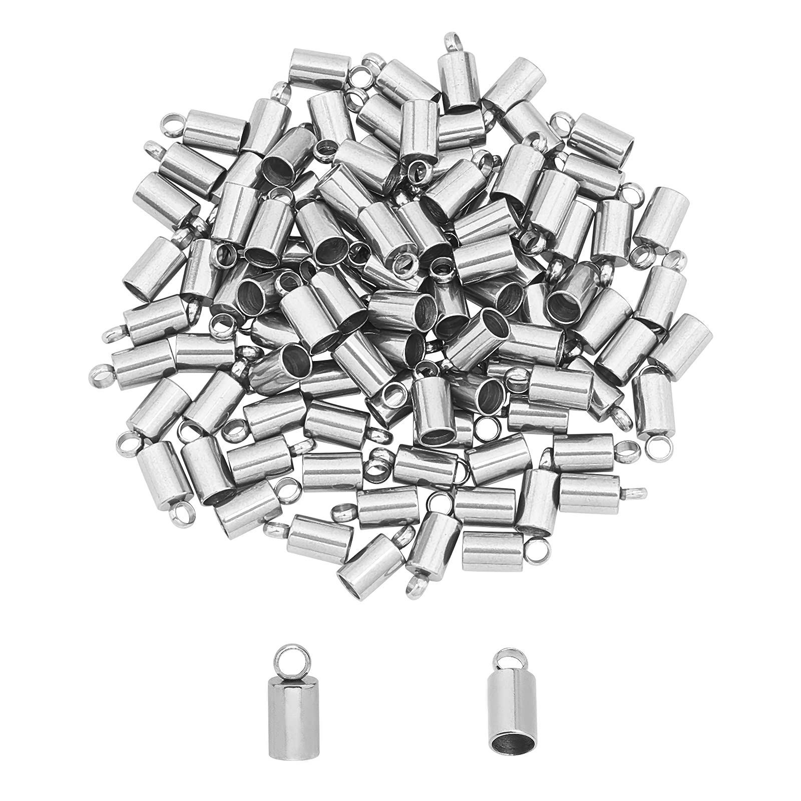 UNICRAFTALE 約100個 内径3mm ステンレス エンドパーツ ステンレス エンドビーズ クリンプエンド コラムビーズ 接続パーツ ひも留め コードエンド ターミネータ ロープバックル 紐留め カシメ ヒ
