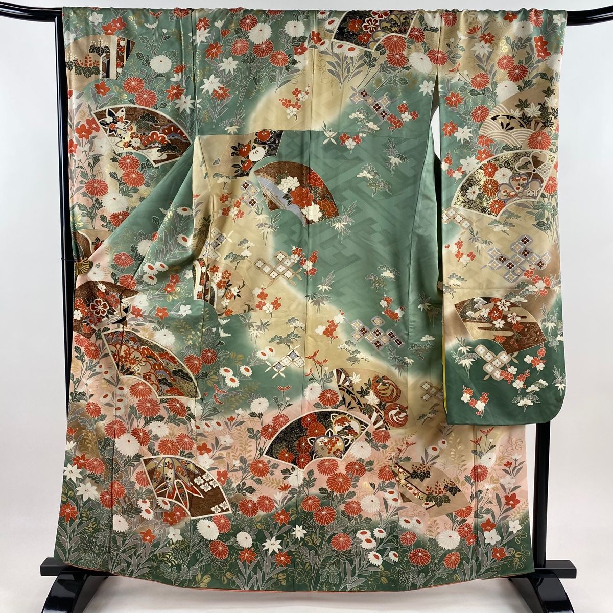 振袖 身丈163cm 裄丈69cm L 袷 扇面 菊 金糸 金彩 灰緑 正絹 秀品